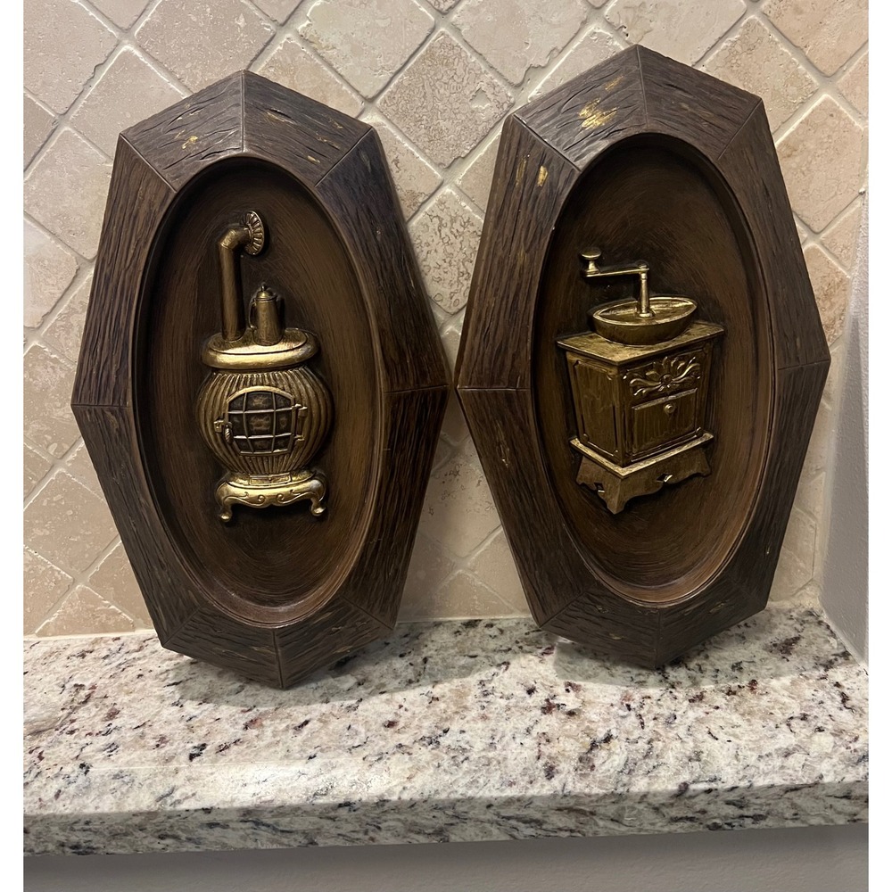 Vintage Dart Industries 3D Wall Plaques Set Potbelly Stove Coffee Grinder 7241